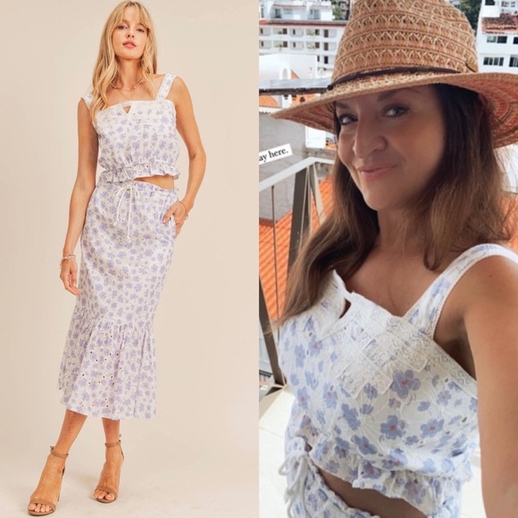 NWT Just Me Two Piece Floral Skirt Top Set, Pink & Purple Flowers, Large - Picture 3 of 6